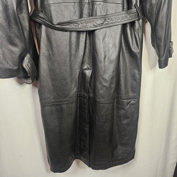 Vtg Baracuta Trench Coat Black Leather Collared Double Breasted Belt Lined Large - Picture 12 of 16